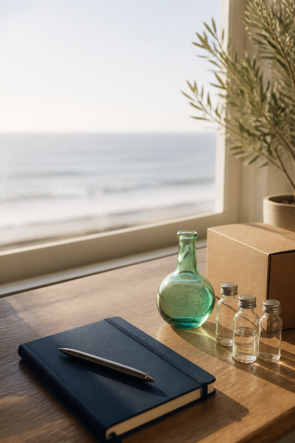 A sunlit Oceanside workspace with a notebook, shipping box, and laboratory glassware